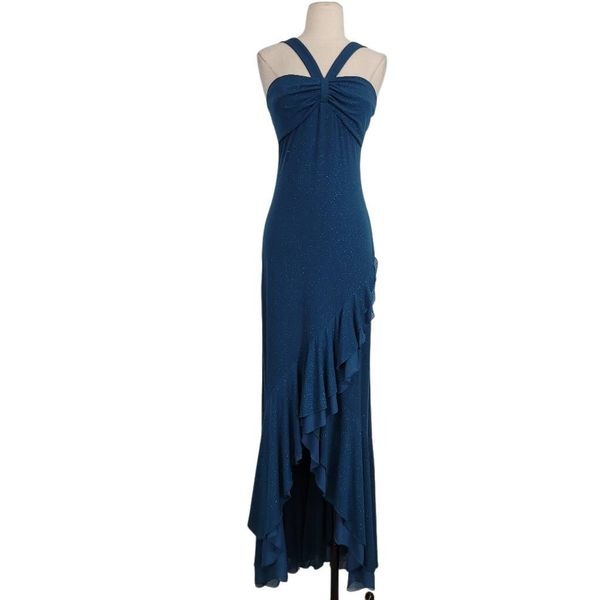 Vtg 90s Y2K City Triangles Glittery High Low Hem Dress Sz M Halter Layered Ruffl