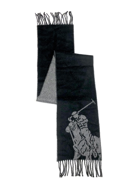 NWT POLO RALPH LAUREN MERINO WOOL BLACK / GREY BIG PONY BLACK SCARF