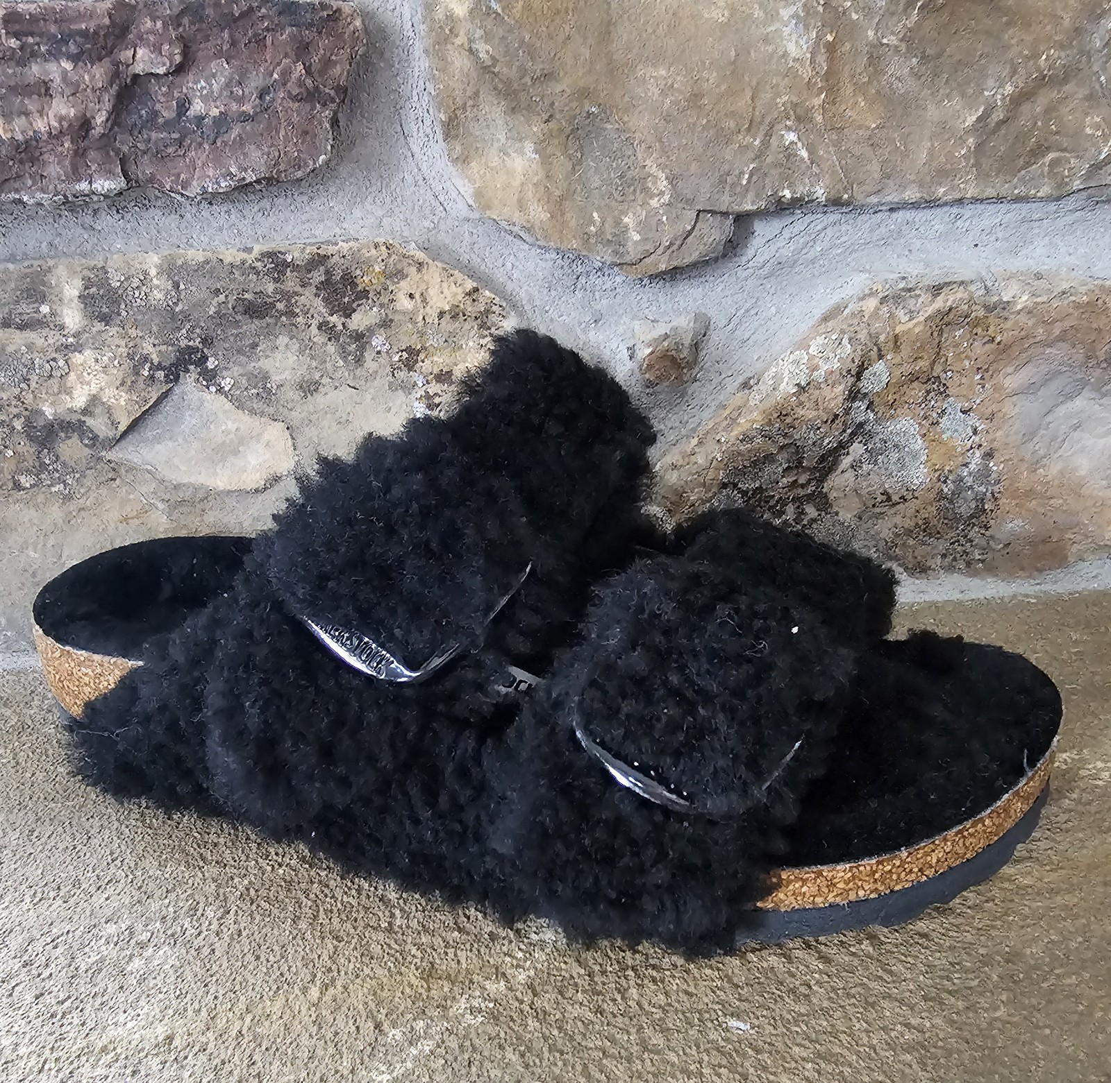Birkenstock Arizona Big Buckle Shearling Teddy Black Womens Size 38 (7.5) NWT