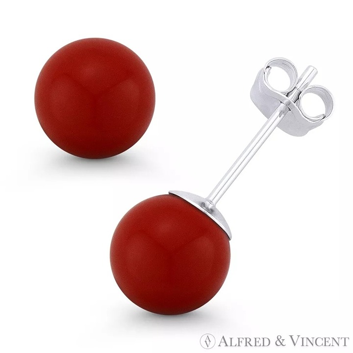 10mm Red Coral Ball Butterfly Pushback Stud Earrings in 14k White Gold