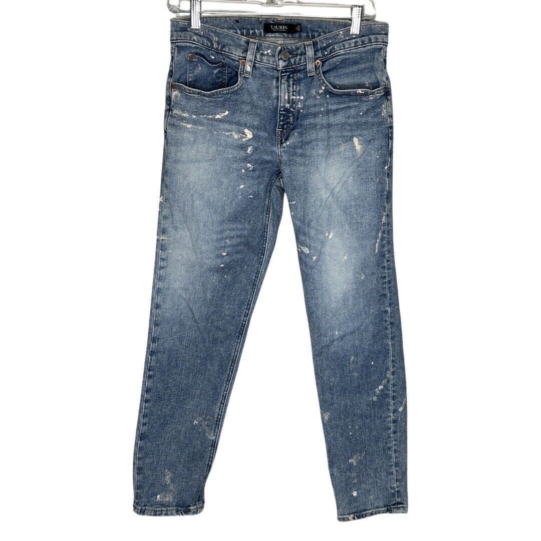 Lauren Ralph Lauren Jeans Women 2 Blue Paint Splatter Relaxed Tapered Leg Casual