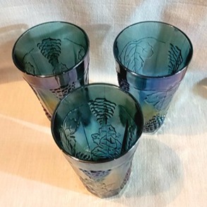 Vintage Harvest Grape Blue Iridescent Carnival Glass 3 Glasses Tumblers