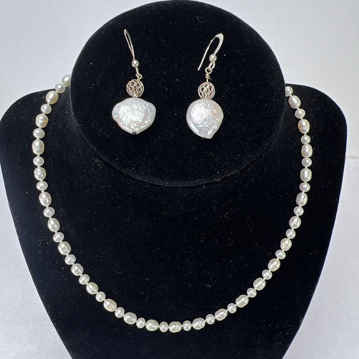 Vintage Rice Pearl Necklace 20 and Blister Pearl Earrings Wedding