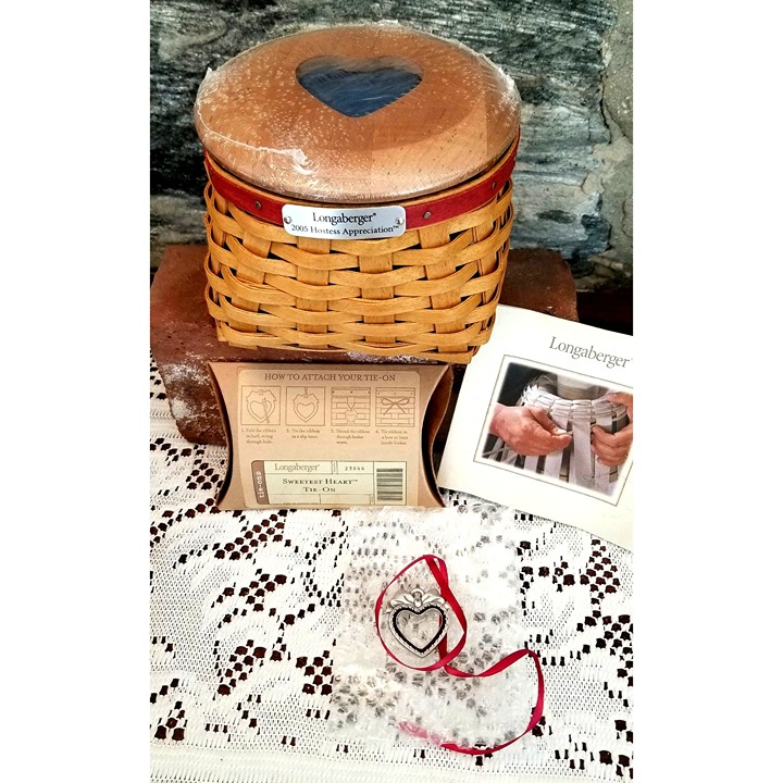NEW 2005 Longaberger Sweetheart Basket Combo Frame Lid Liner Heart Pewter Tie-on