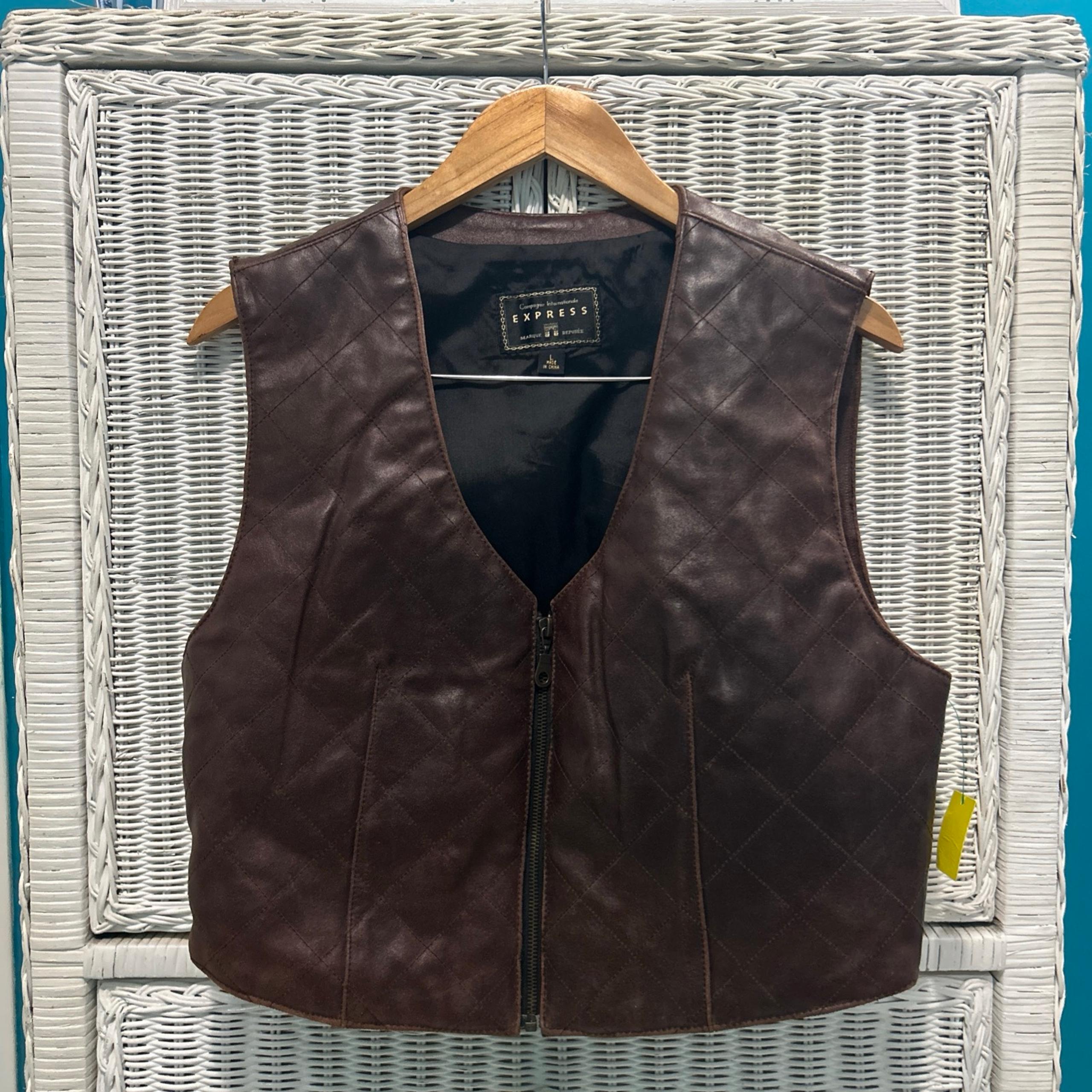 Express Vintage Quilted Zipper Leather Vest, Brown, Size L | Pre-owned