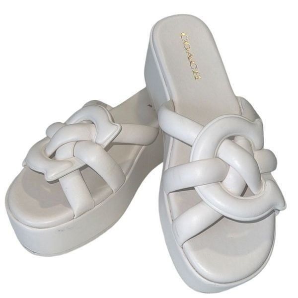 Coach Everette Chalk Knotted Leather Slip On Platform Wedge Sandals Size 9 C1221