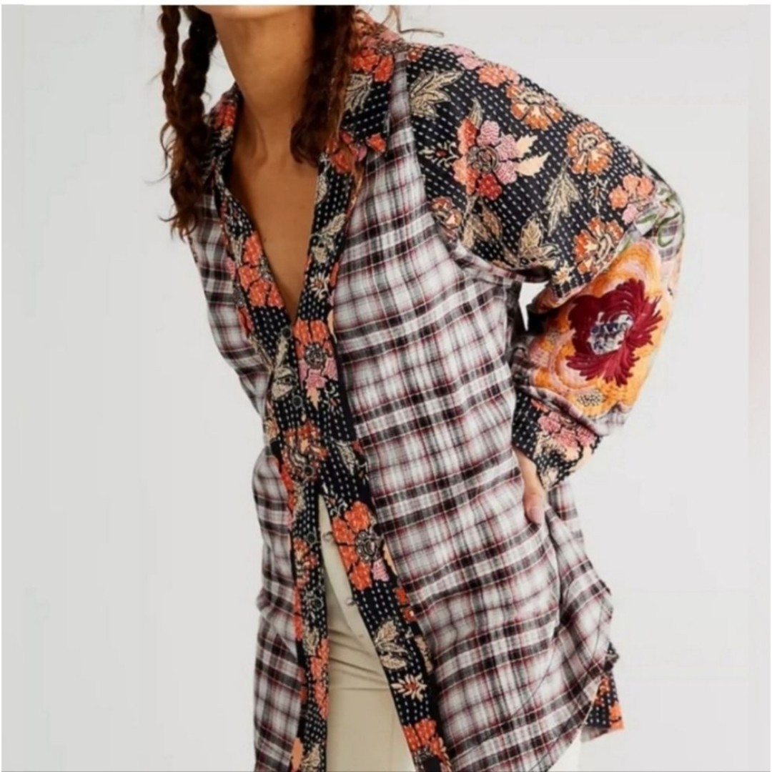 Free People We The Free Coast To Coast Flannel Floral Embroidered Top Size XL