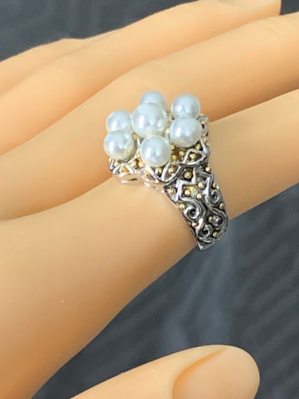 Stunning Vintage 18k GE Pearl White & Yellow Gold Color Cocktail Ring size 7