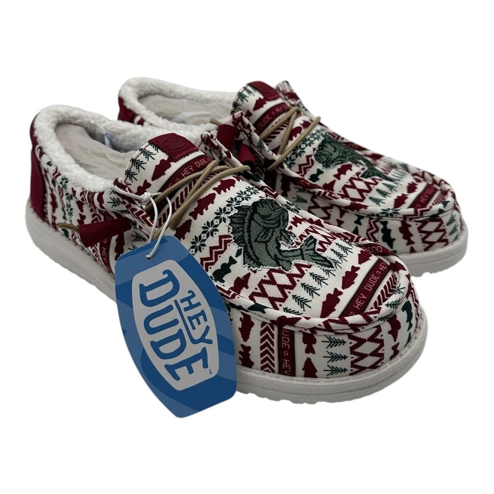 Hey Dude Wally Merry Fishmas Sweater Loafers Mens 13 Red Green Christmas Slip On