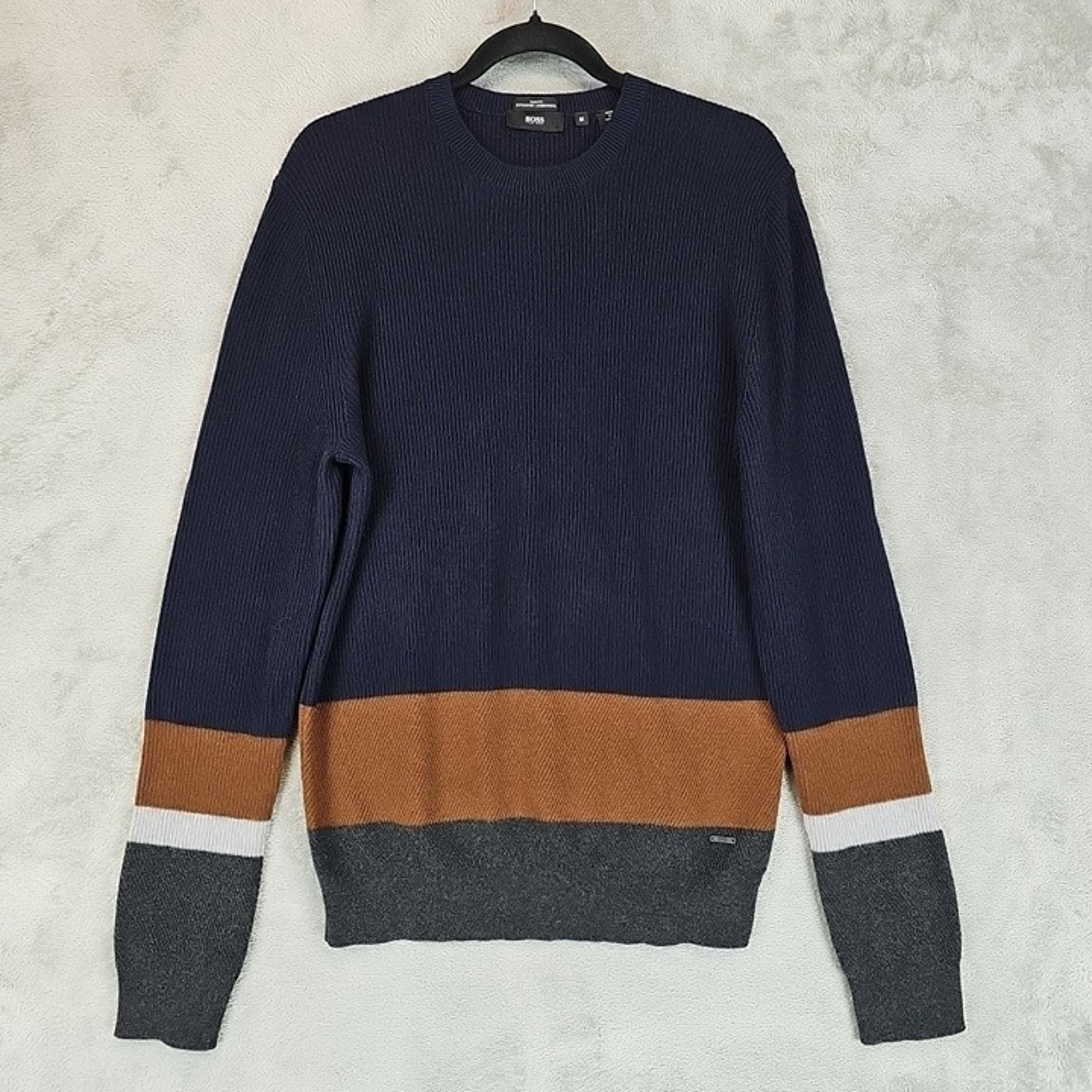 Hugo Boss Sweater Mens M Blue Brown Gray Extra Fine Lambswool Slim Fit Pullover