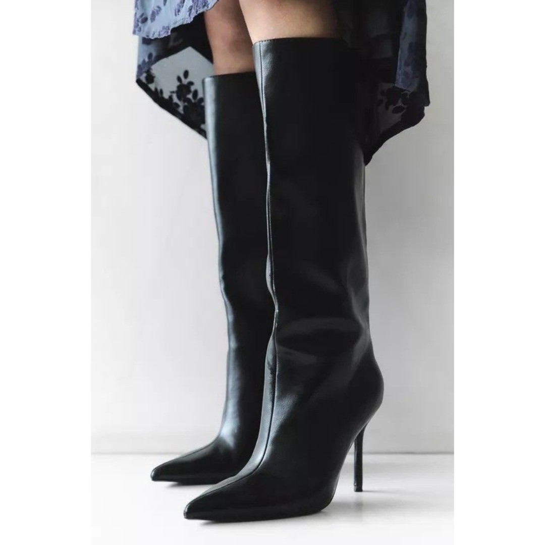 ZARA WOMAN NWT BLACK STRAIGHT SHAFT KNEE HIGH HEELED BOOTS SIZE US 7.5 2003/310