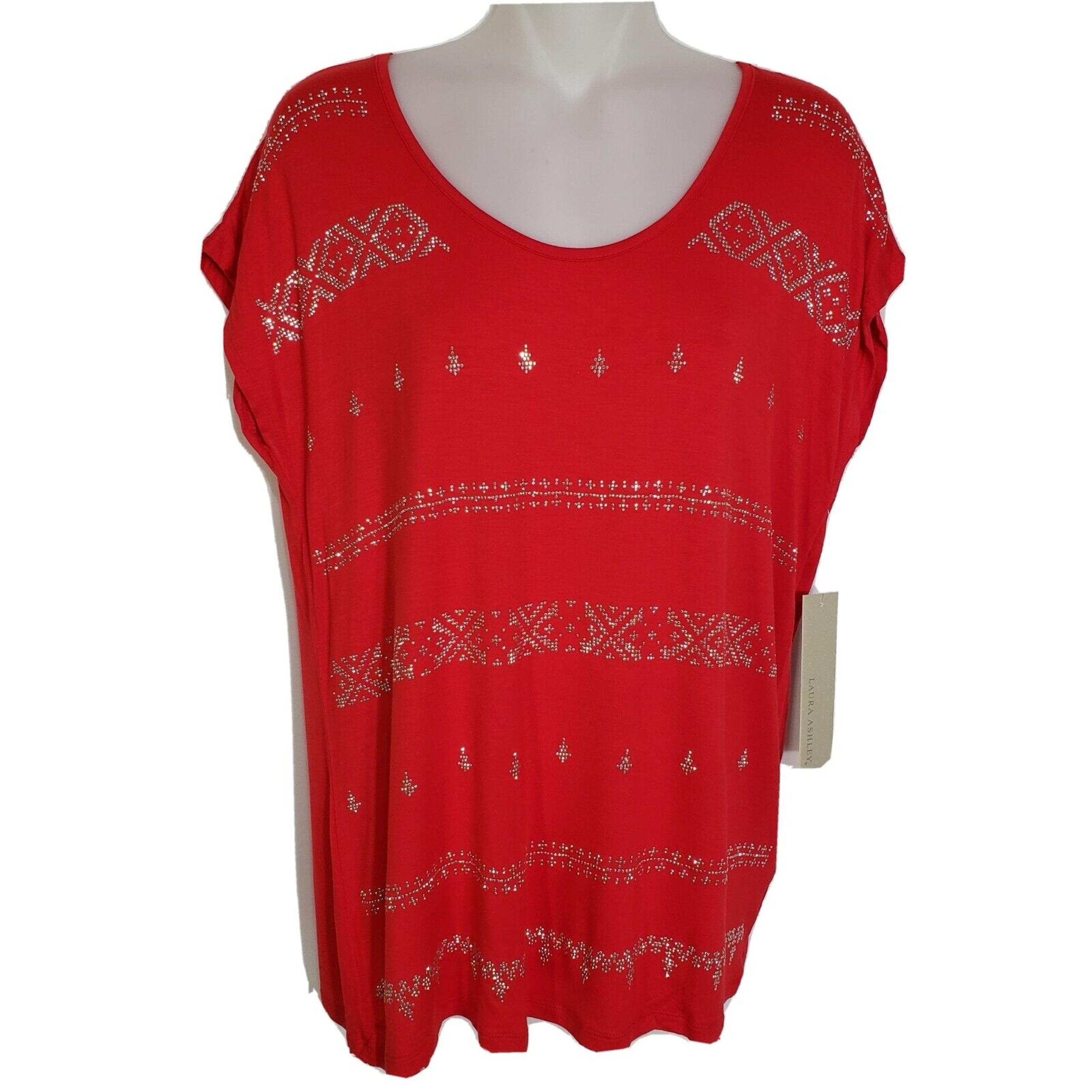 Laura Ashley Womens Top Medium Red Knit Short Cap Sleeve Embellished Rhinestones