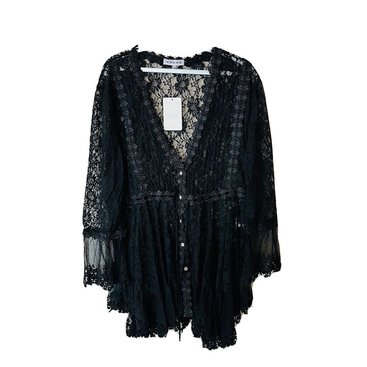 Vintage Womens XL Black Ruffled Lace Button Tunic Goth Steampunk Renaissance