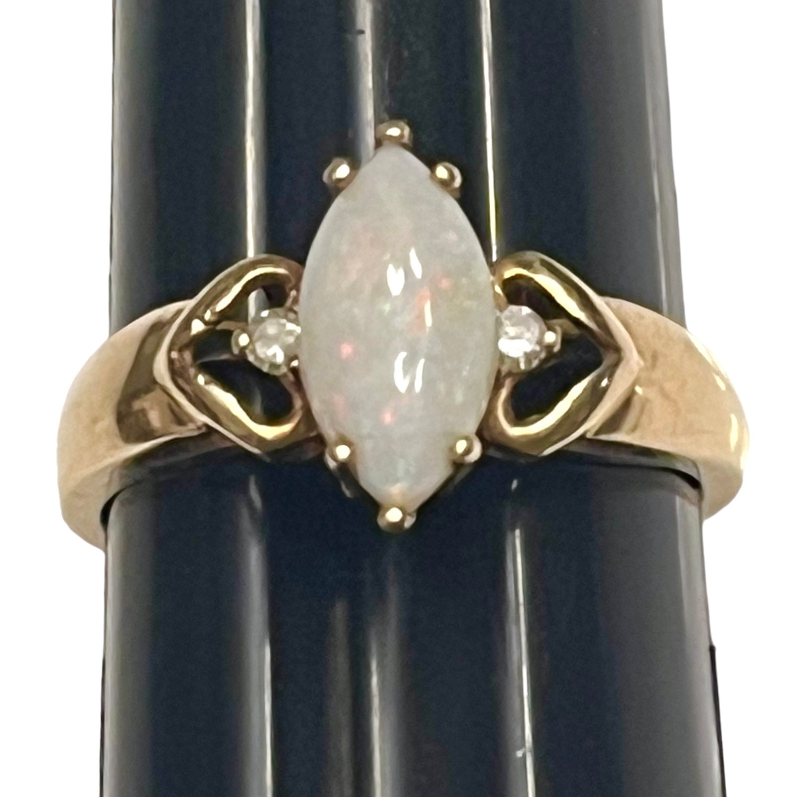 VTG 10K Gold Genuine Marquise Cut OPAL RING Size 6.5 Diamonds In Heart Metalwork