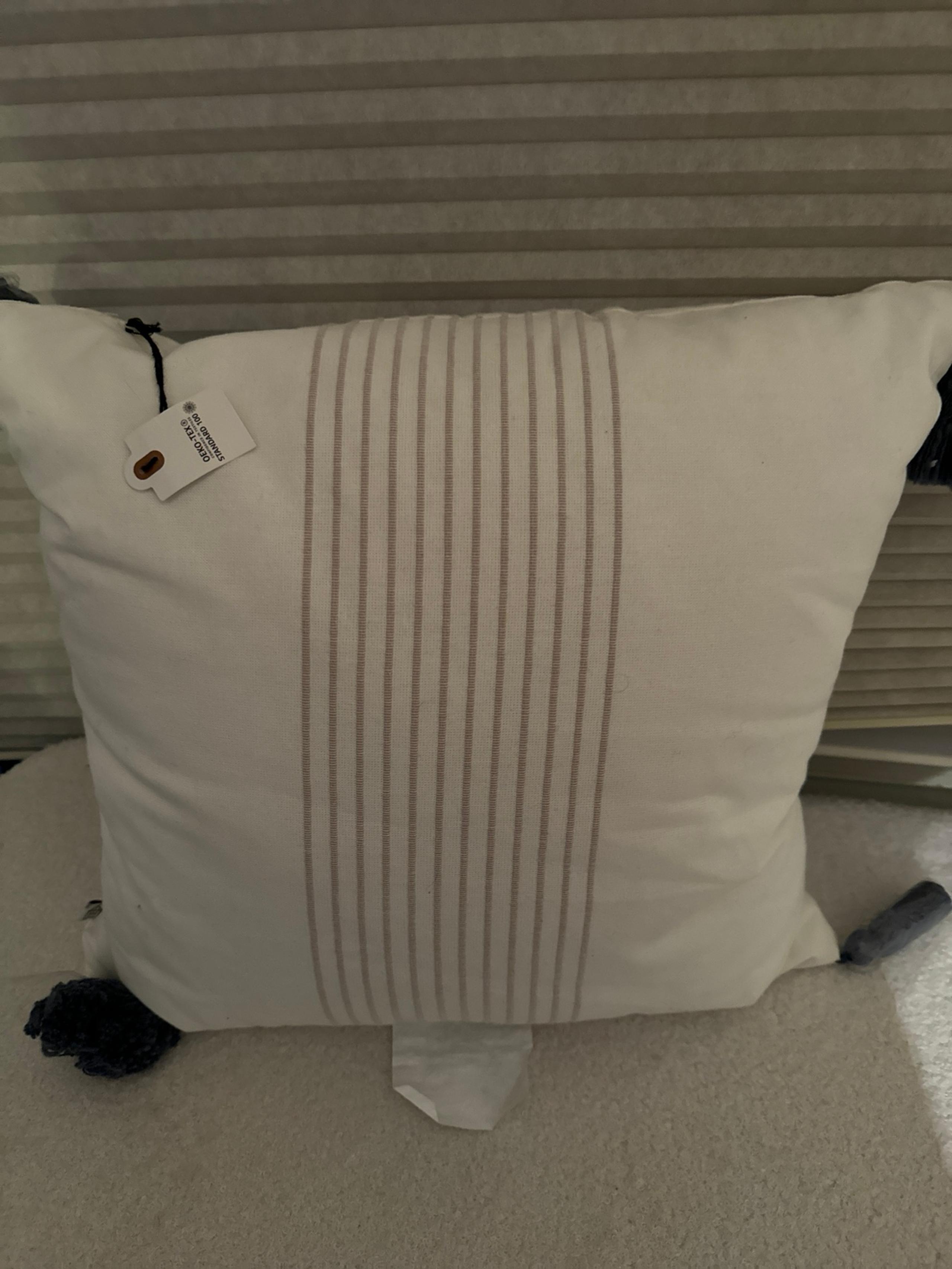 Hearth&Hand Magnolia white striped Pillow with blue tassles
