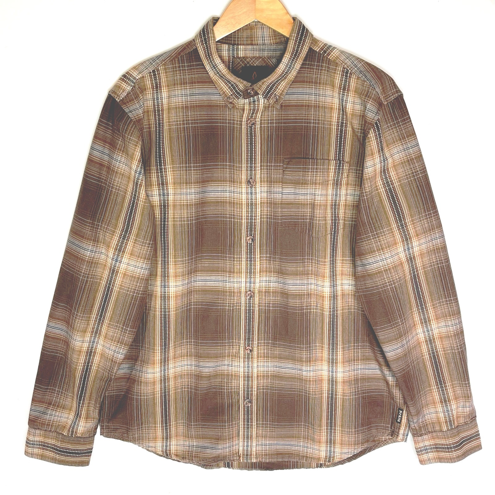 PRANA Men’s Broderick Brown Plaid Long Sleeve Button Front shirt large