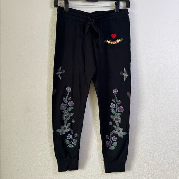 Lauren Moshi XS Jogger Pants Love Heart Floral Birds Embroidered Designer Artsy