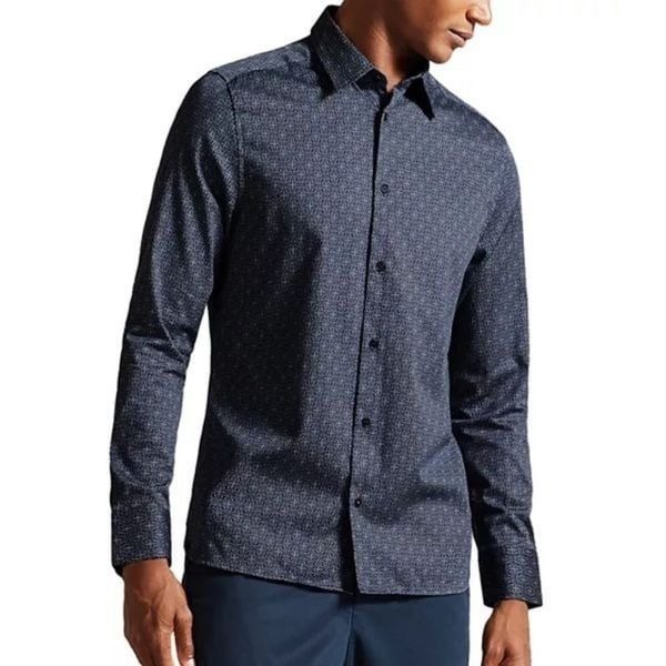 NWT New Ted Baker Men's Navy Blue Pavia Star Geo Long Sleeve Shirt Slim XS TB 1
