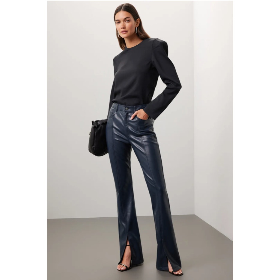 Cinq a Sept Shanis Faux Vegan Leather Pants Blue High Rise Split-Hem Flare Sz 6