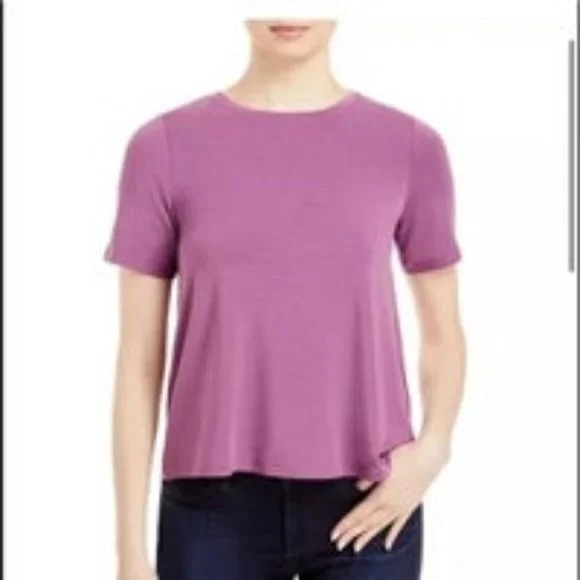 EILEEN FISHER Short Sleeve Plum Lilac Tencel Crew Neck Tee Shirt Top L New Tags