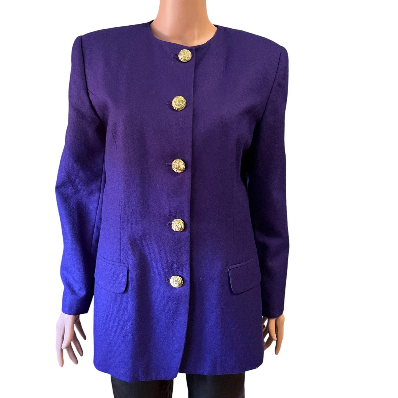 Amanda Smith Petites Wool Blazer Royal Purple Gold Buttons CAREER Old Money 12