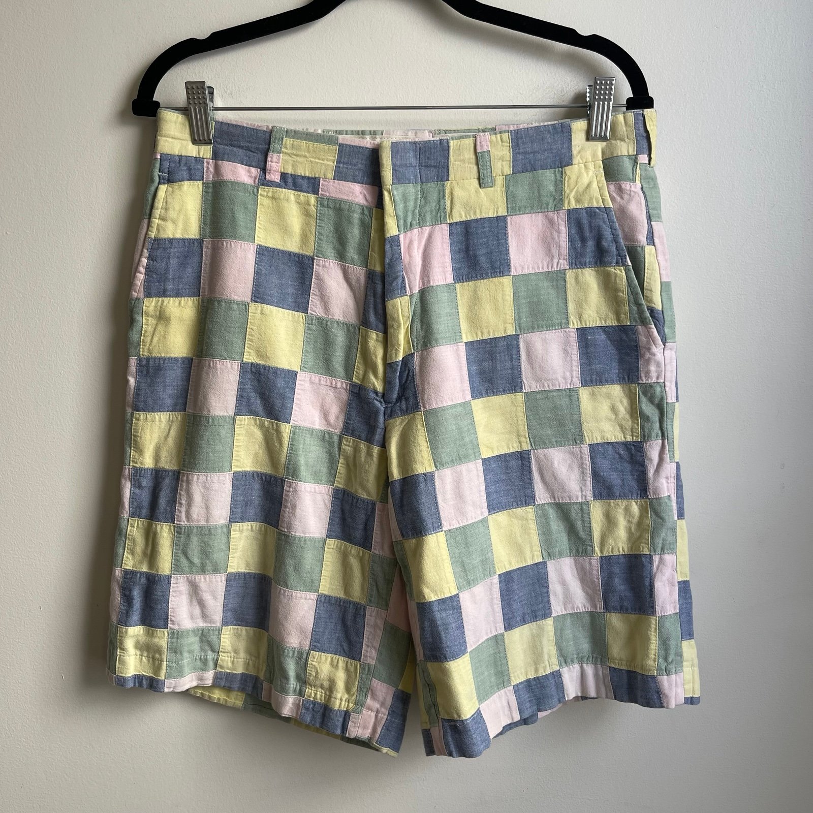Vintage Berle Shorts Patchwork Plaid Mens 32 Flat Front 9” Inseam Cotton Preppy