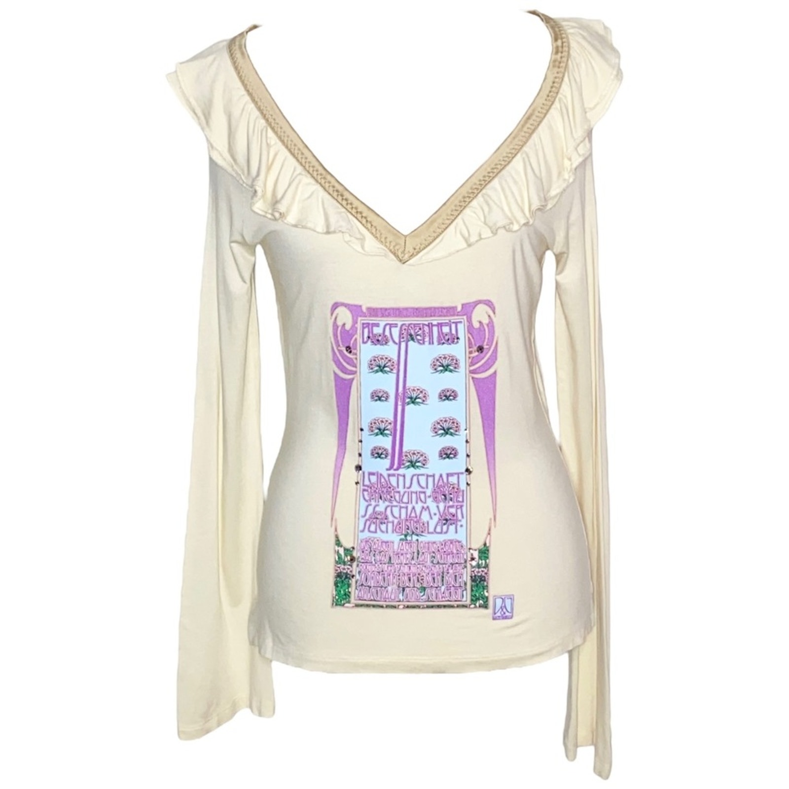 M AUTH VTG Y2k Dolce & Gabbana Cream Long Bell Sleeve Top V Neck Ruffle Blouse