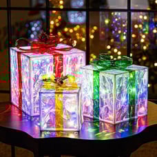 NEW Set of 3 Christmas Lighted Gift Boxes,8 Light Modes Light Up Present Boxes