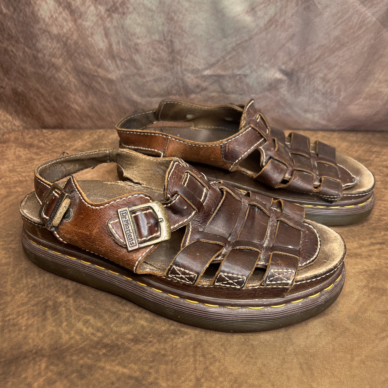 Vintage 90s Dr. Martens Fisherman Sandals Brown Leather Buckle Chunky Men's 12