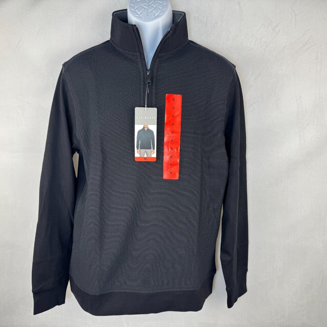 Ted Baker Men Black Sweater Sz M Pullover 1/4 Zip Long Sleeve NWT B2012
