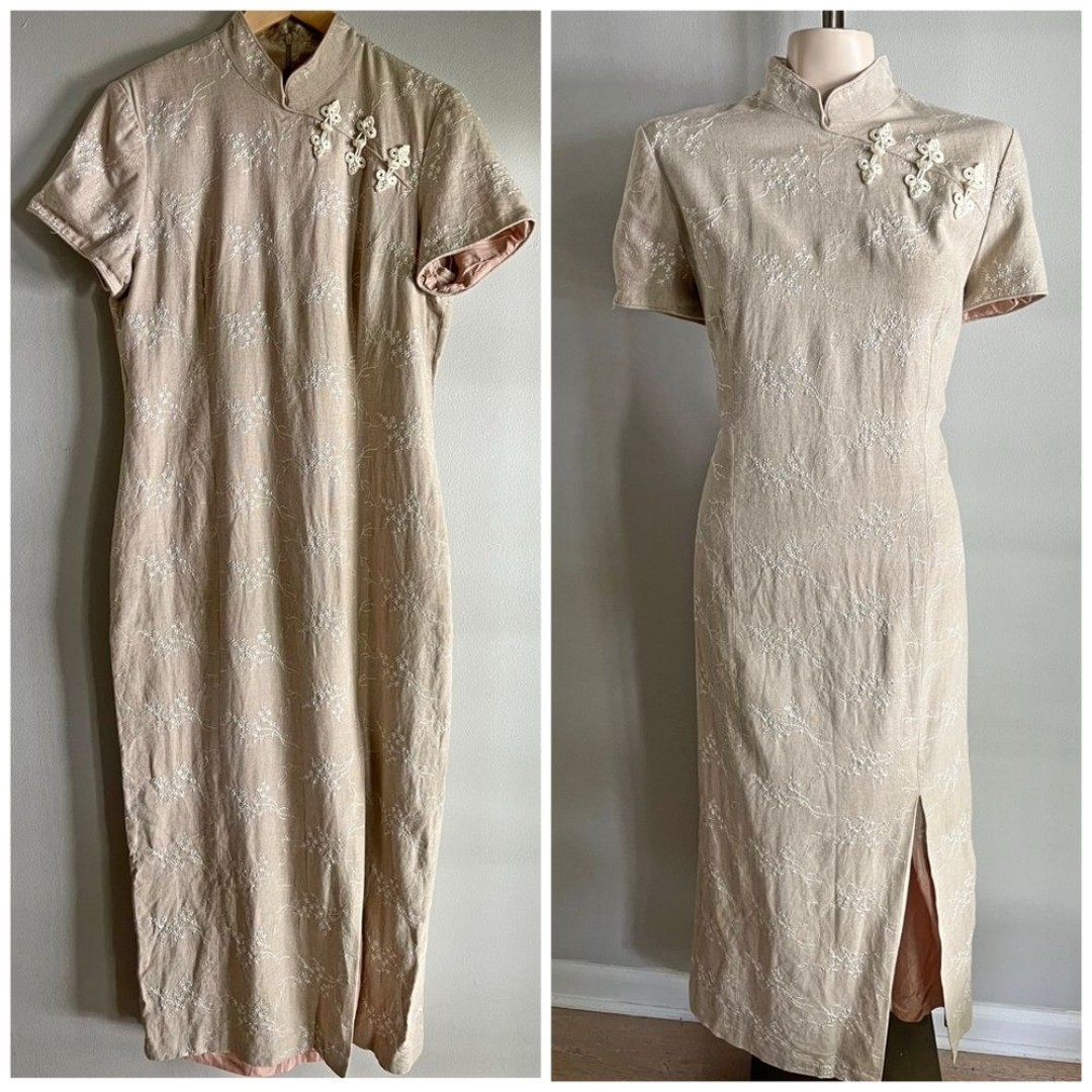 Vintage David Warren NY beige linen cheongsam maxi dress floral embroidered