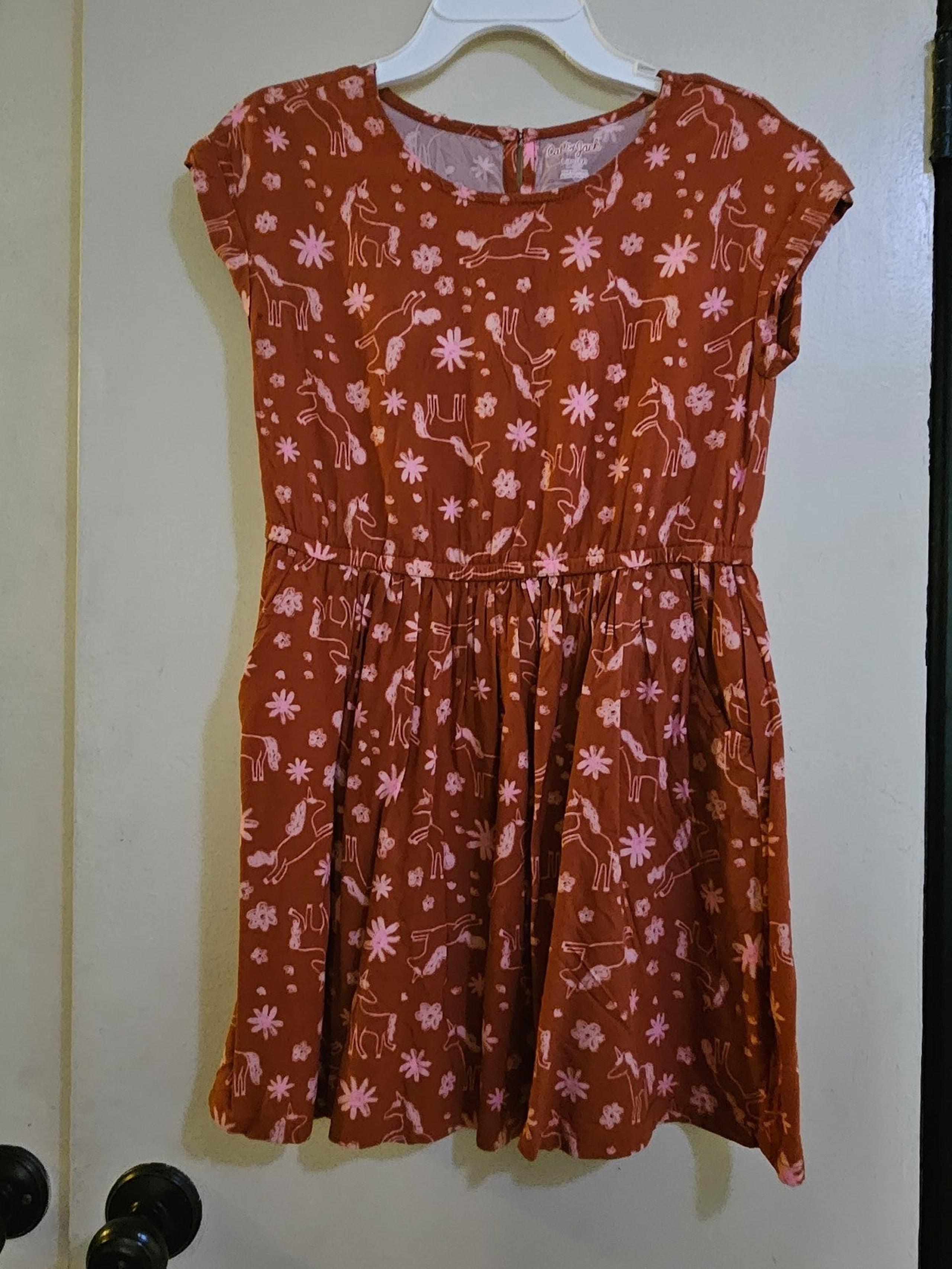 Burnt orange Dress with flowers & unicorns