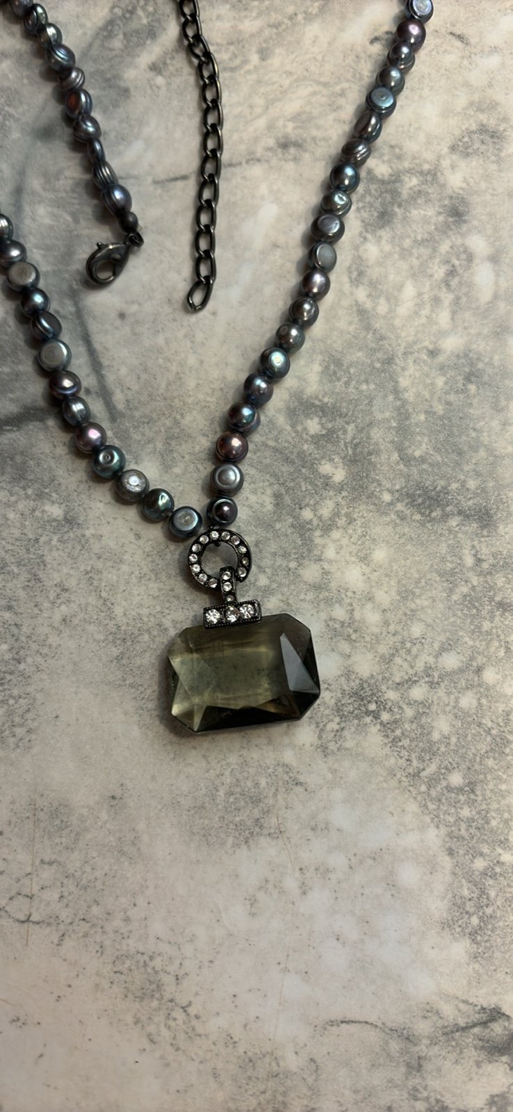 Genuine gray pearl necklace with large crystal pendant