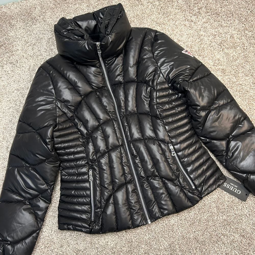 NWT Guess Midweight Puffer Jacket Women Size Large Black Full Zip