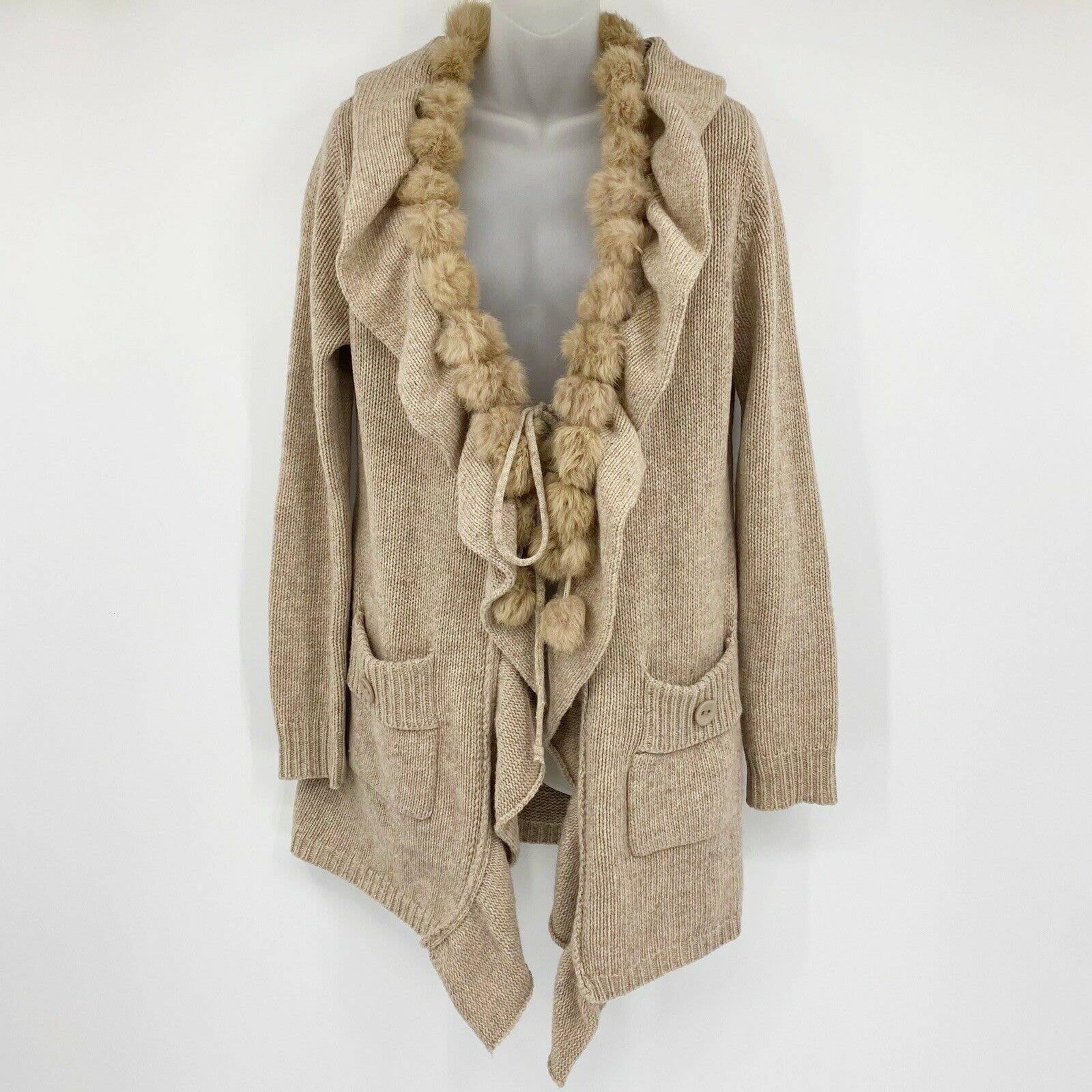 Womens Ruffle Cardigan Sweater Wool Blend Faux Fur Pom Pom Trim Beige Sz S - Ryu