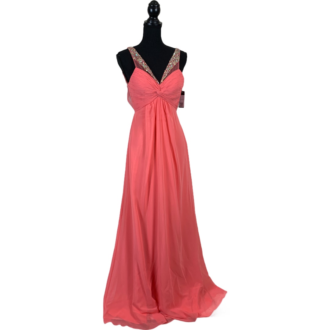 Faviana Peach Beaded Chiffon Gown SIZE 0 Formal Prom Pagent Rhinestone 395 NEW