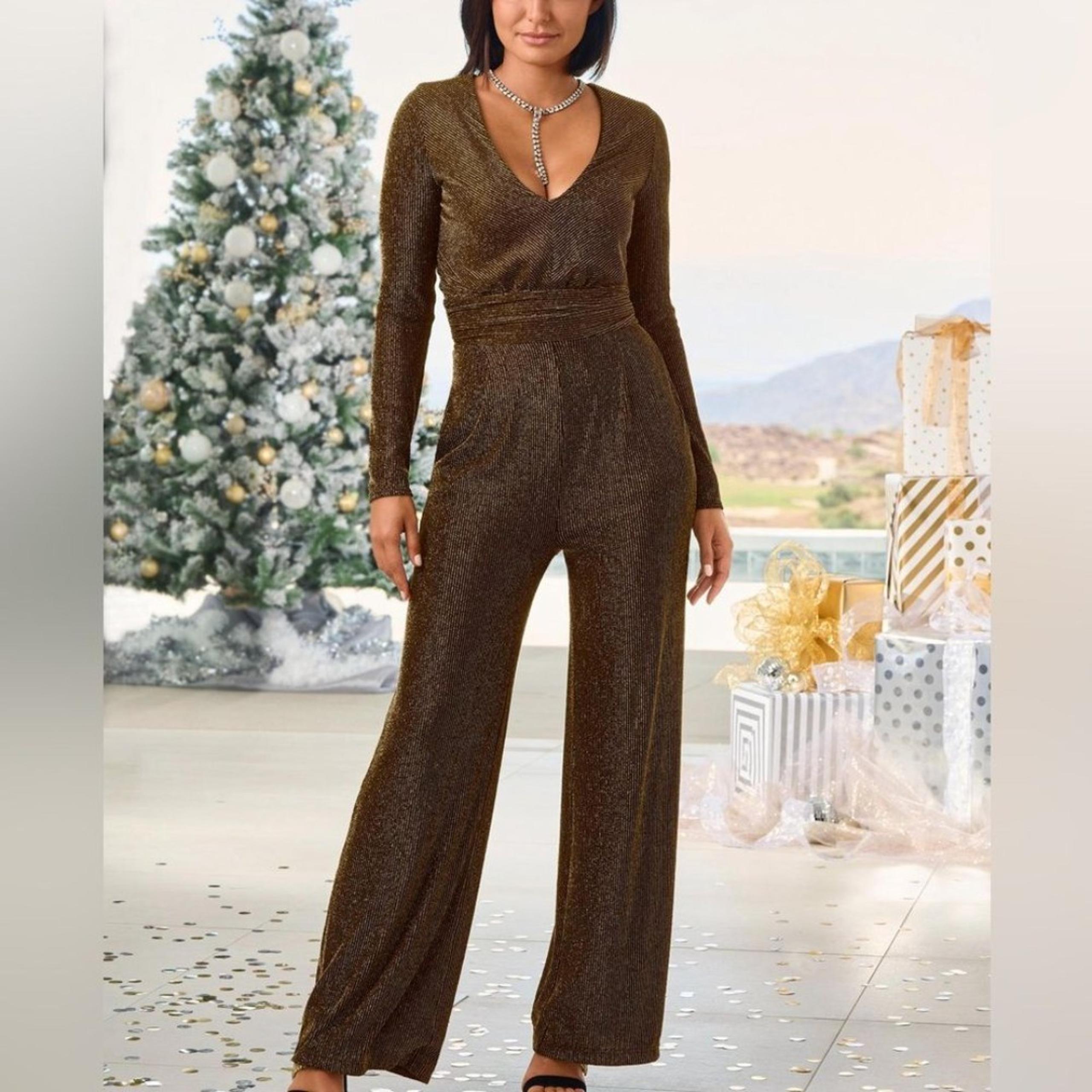 Boston Proper Glitter V-Neck Metallic Jumpsuit in Black Multicolor Size Medium