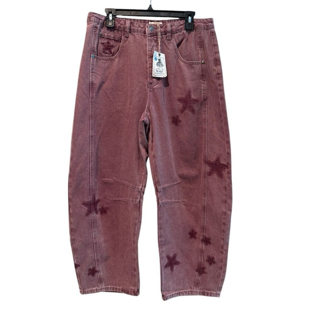 Easel Star Print Washed Button Fly Barrel Jeans Vintage Wine Red Size Medium