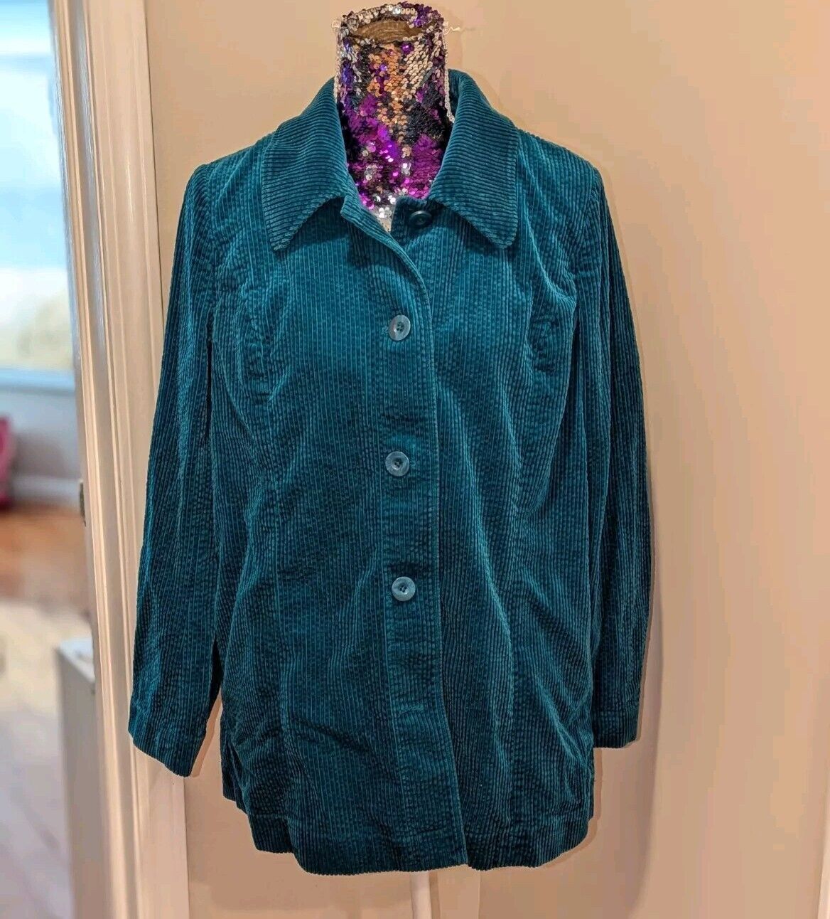 J.Jill Medium Women's Teal Blue Corduroy Casual Button Front Jacket 100% Cotton