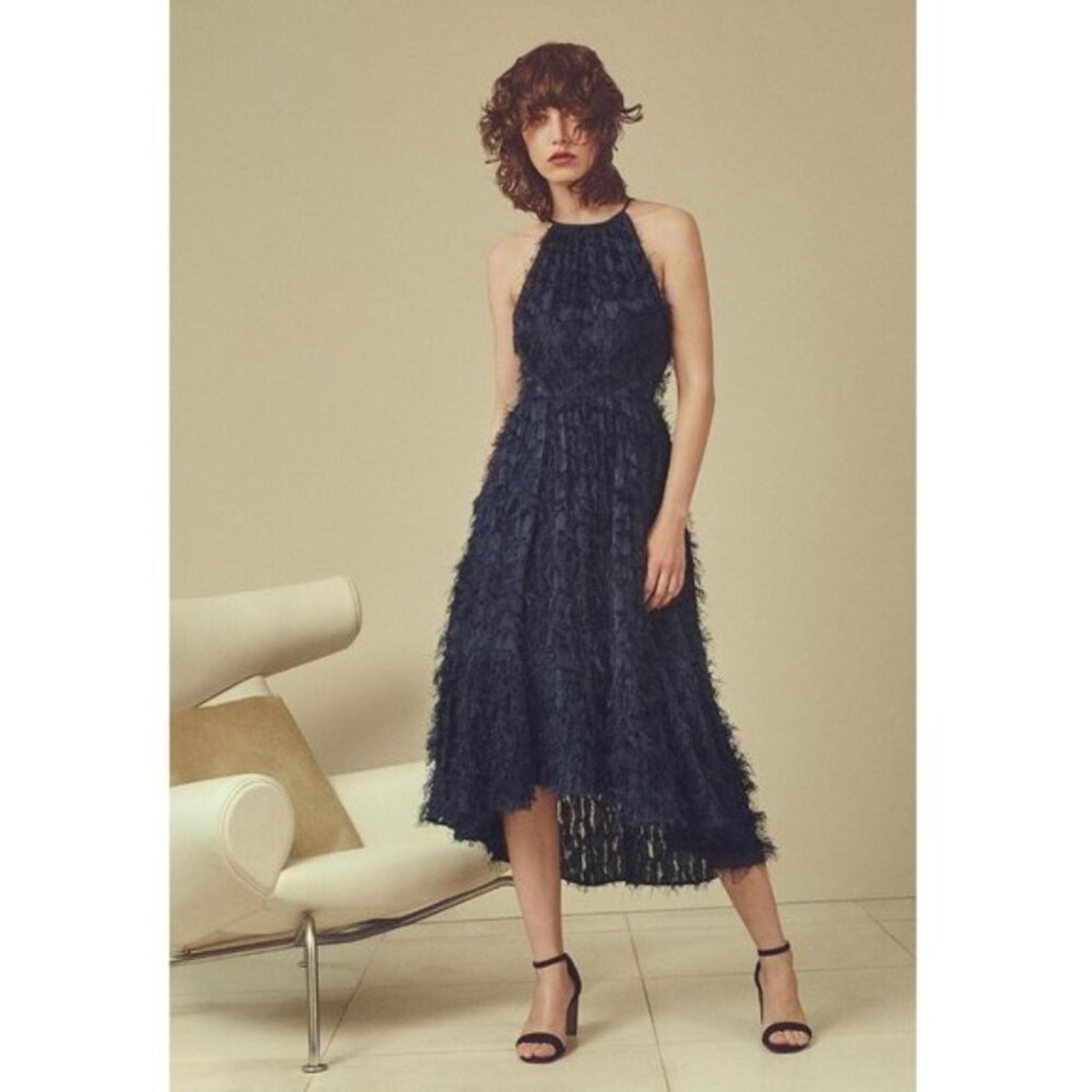 Whistles Women's Irina Faux Feather Dress Size 6 Navy Blue Fringe Eyelash Midi