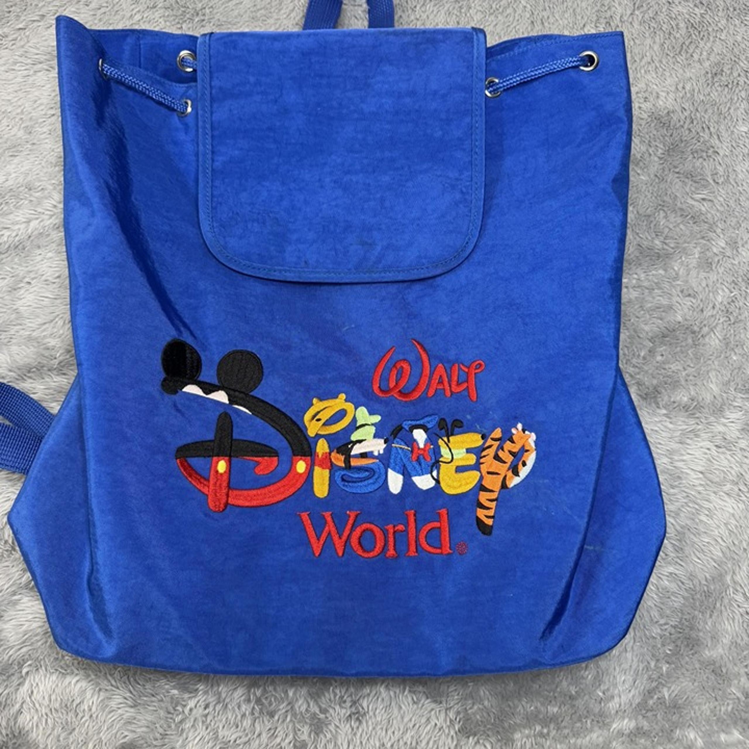 VTG Walt Disney World Drawstring Backpack Tote Embroidered Blue Character Bag