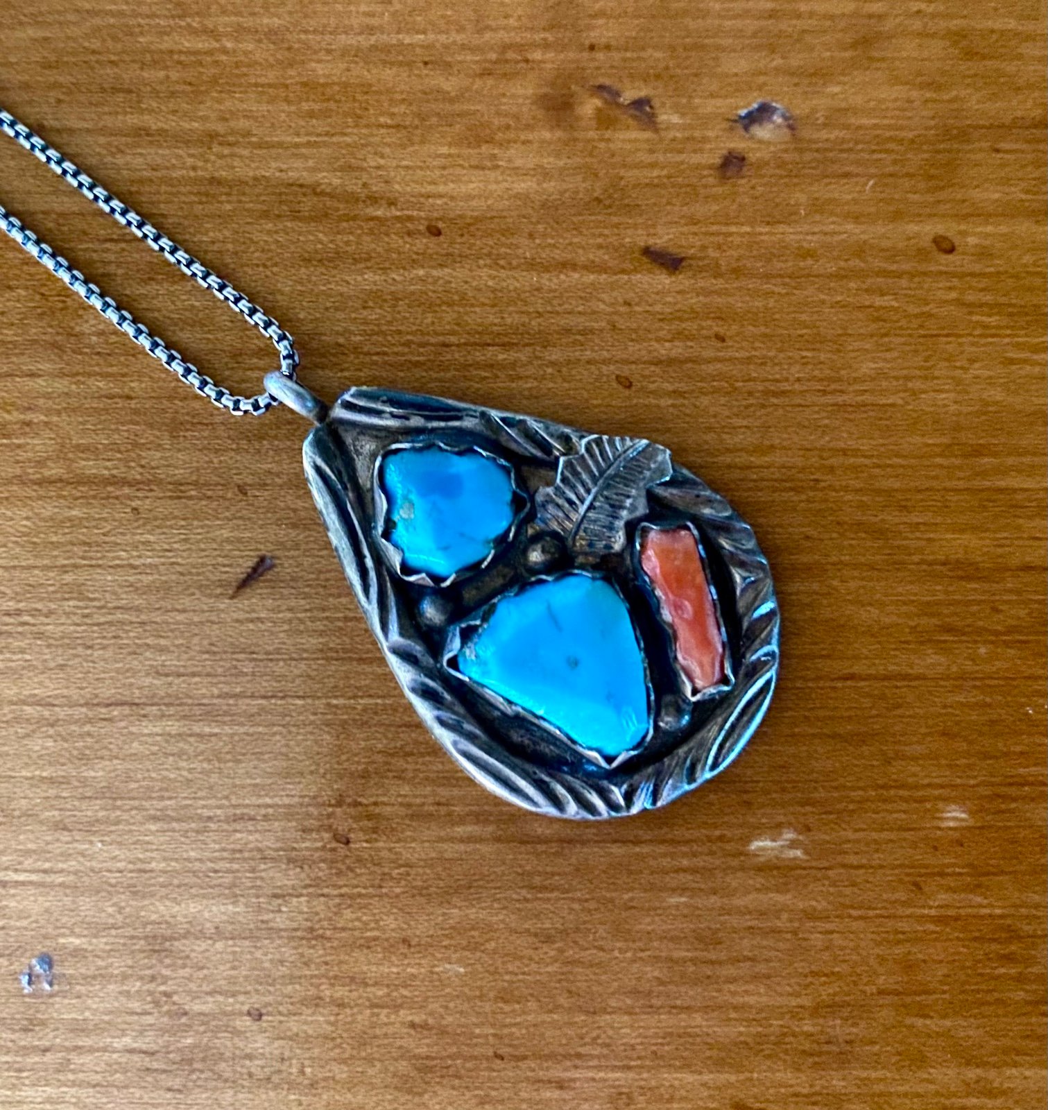 Fabian Cheama sterling silver, turquoise, and red coral pendantl