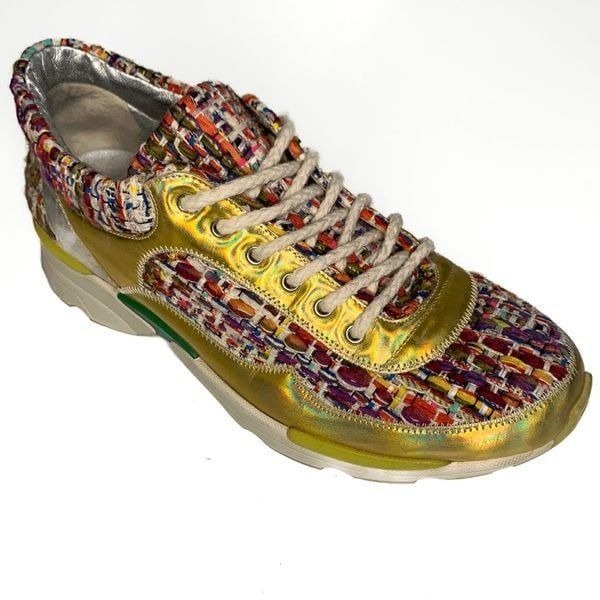Chanel CC Logo Tweed Rainbow Metallic Gold Multi Sneakers EU 36.5 Lace Up Shoes