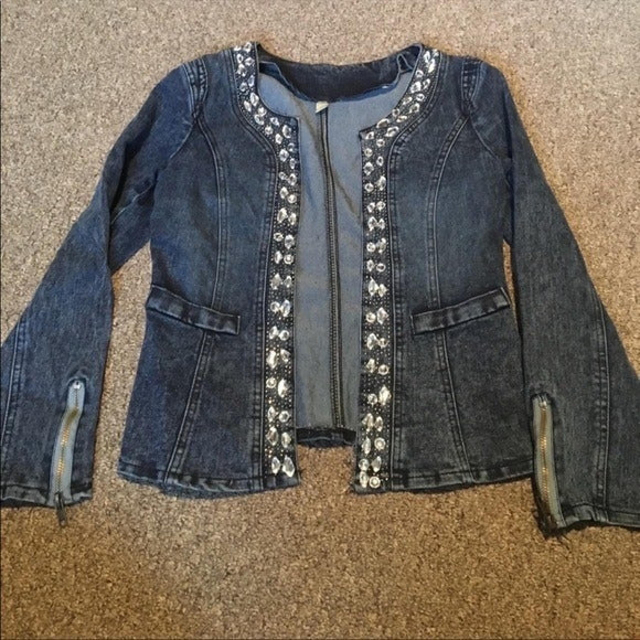 VINTAGE RHINESTONE TRIM DENIM BLAZER JACKET