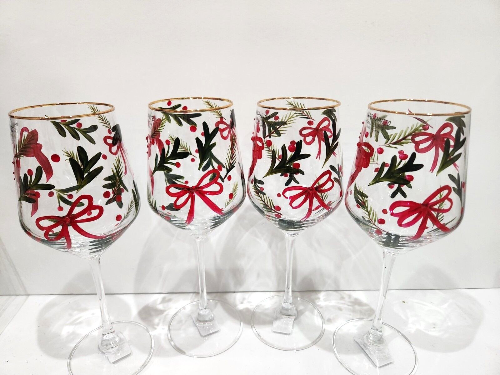 Christmas Red Bows Holly Rhinestones Coquette Jeweled Wine Glasses Set of 4