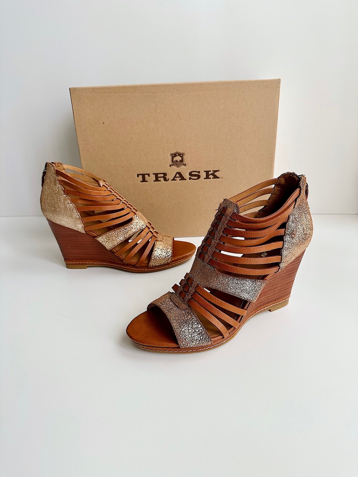 ✨New TRASK Sammi Leather Gladiator Wedge Sandals Tan 8.5M