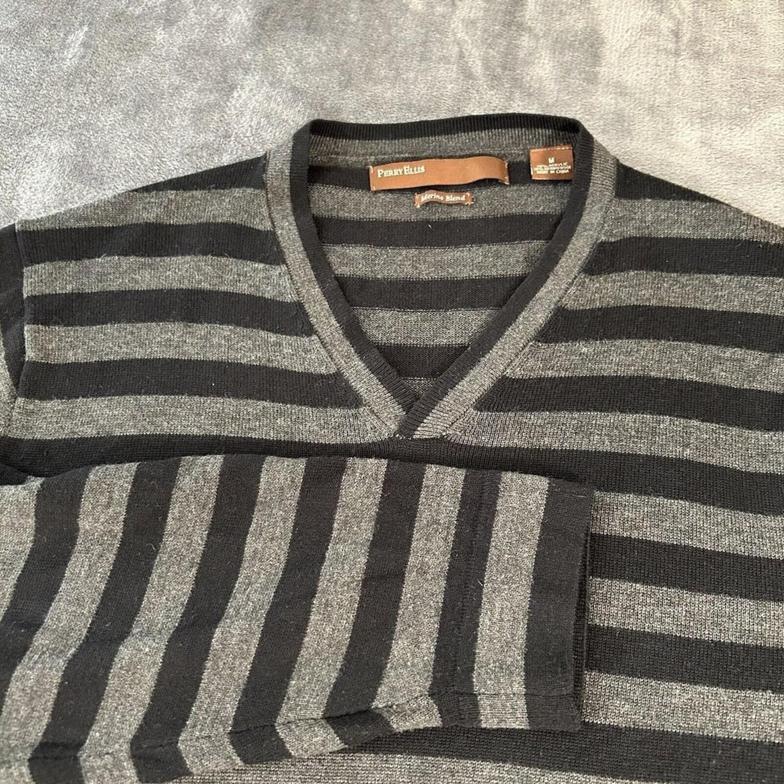 Perry Ellis Sweater Mens Medium Gray Black Pullover Sweatshirt Merino Wool