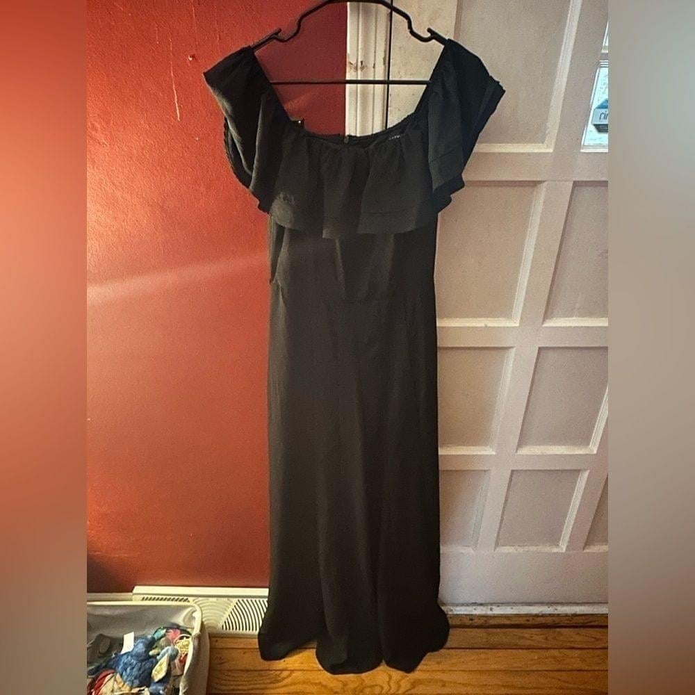 HYFVE Off the Shoulder Ruffle Black Wide Leg Romper Pantsuit