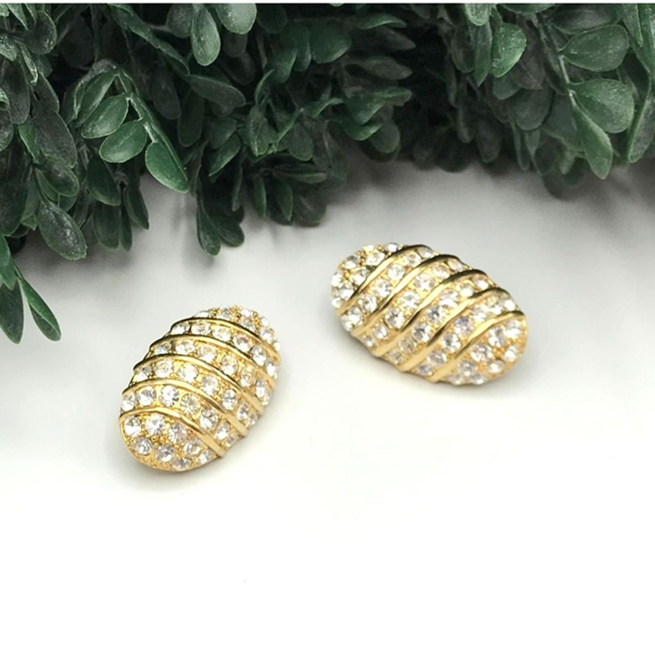 Vintage clip on earrings gold tone clear rhinestones oval shape