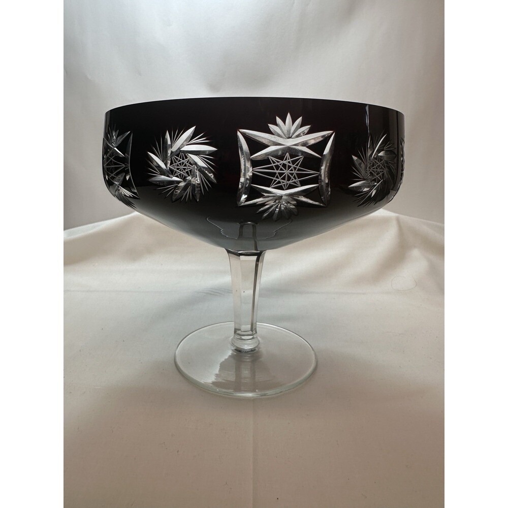 Black Amethyst Bohemian Hand Cut to Clear Crystal Glass Compote Excellent Cond